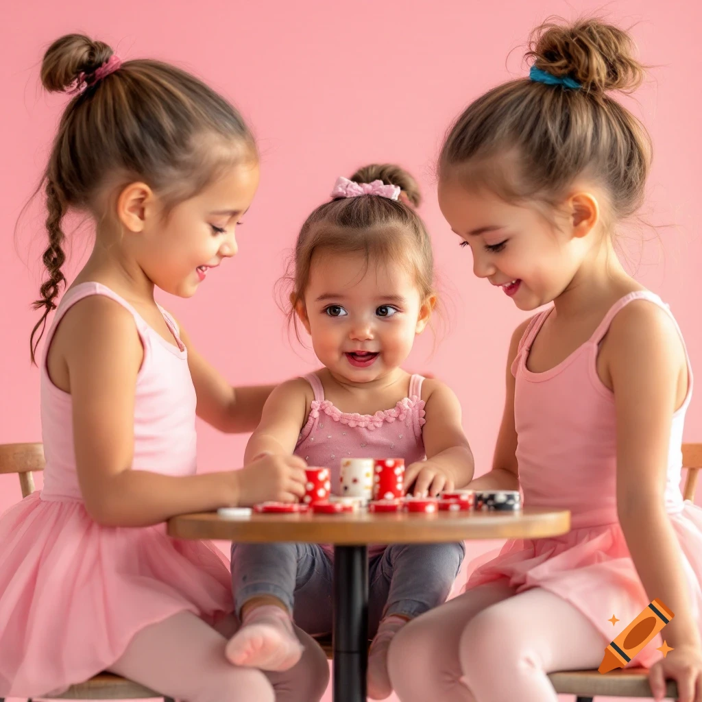 Two young girls and a toddler in pink playing poker at a table.