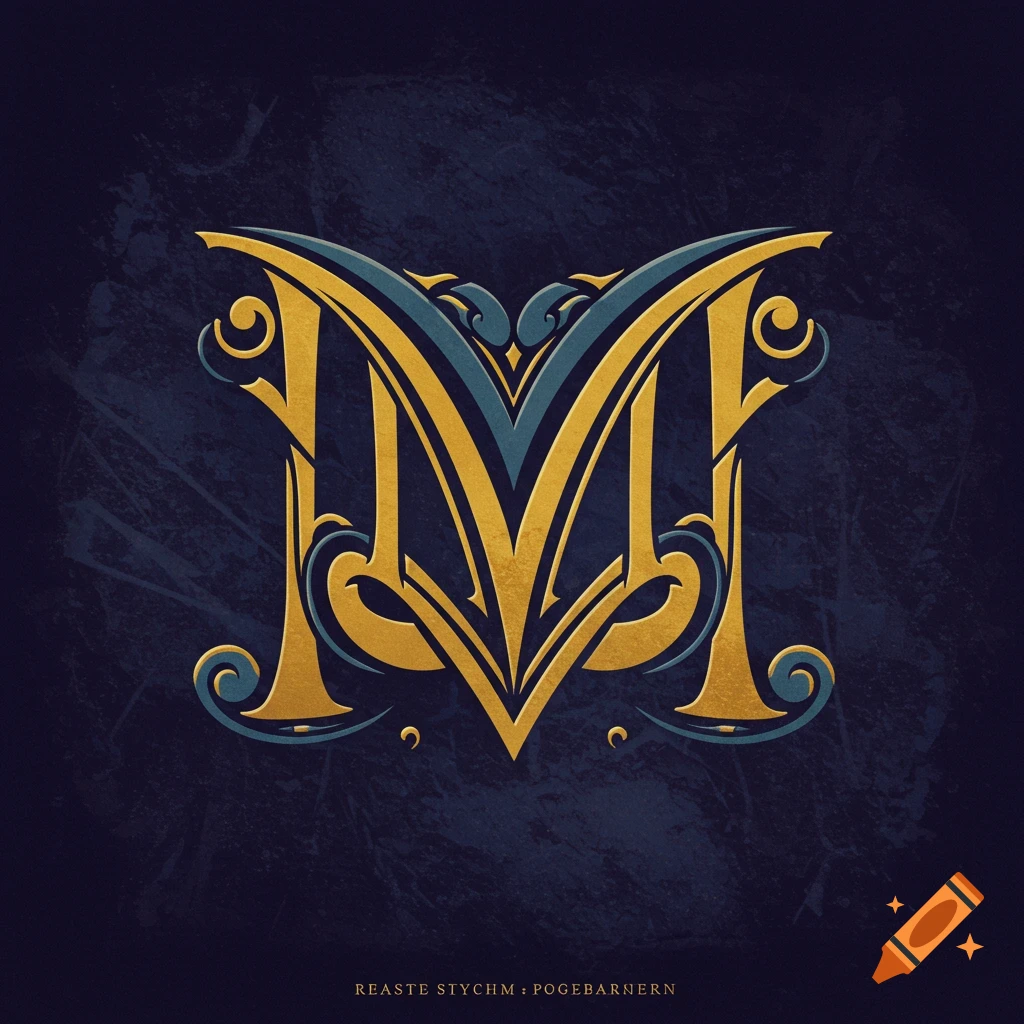 Stylized gold and blue ornate monogram of two interwoven 'M' letters on a dark textured background.