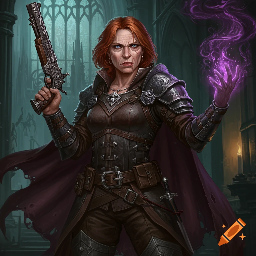 A red-haired woman in armor holds a large pistol and wields purple magic in a dark, gothic building.