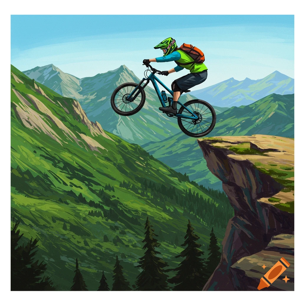 A mountain biker is captured in mid-air, having launched off a cliff face in the mountains.