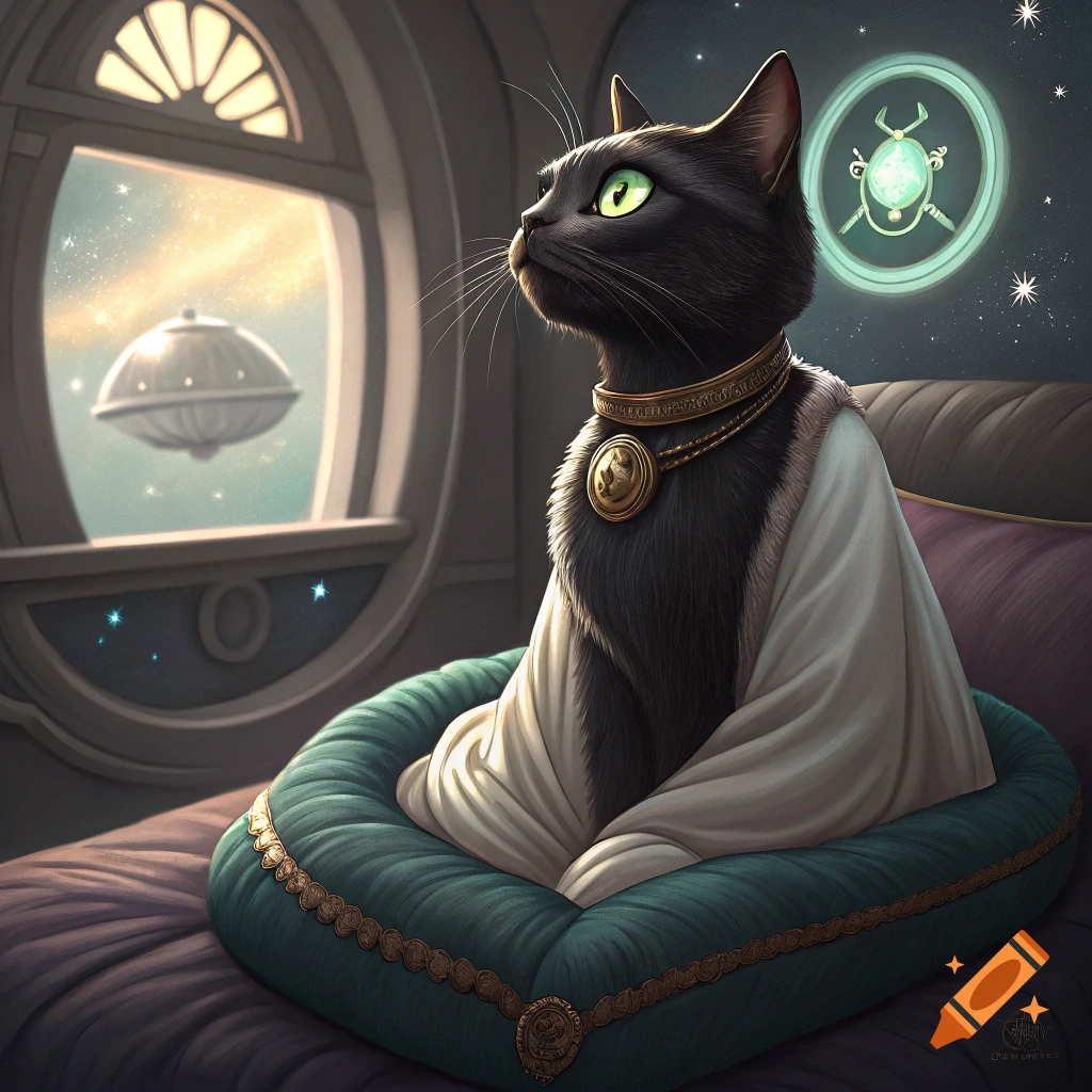 A black cat wearing a golden collar looks out a round window at a UFO in space, sitting on a plush bed.