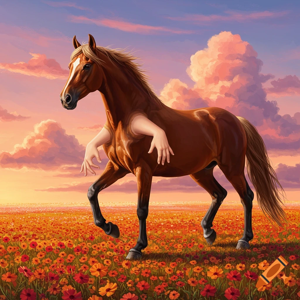 A brown horse with human hands for legs stands in a field of orange flowers at sunset.