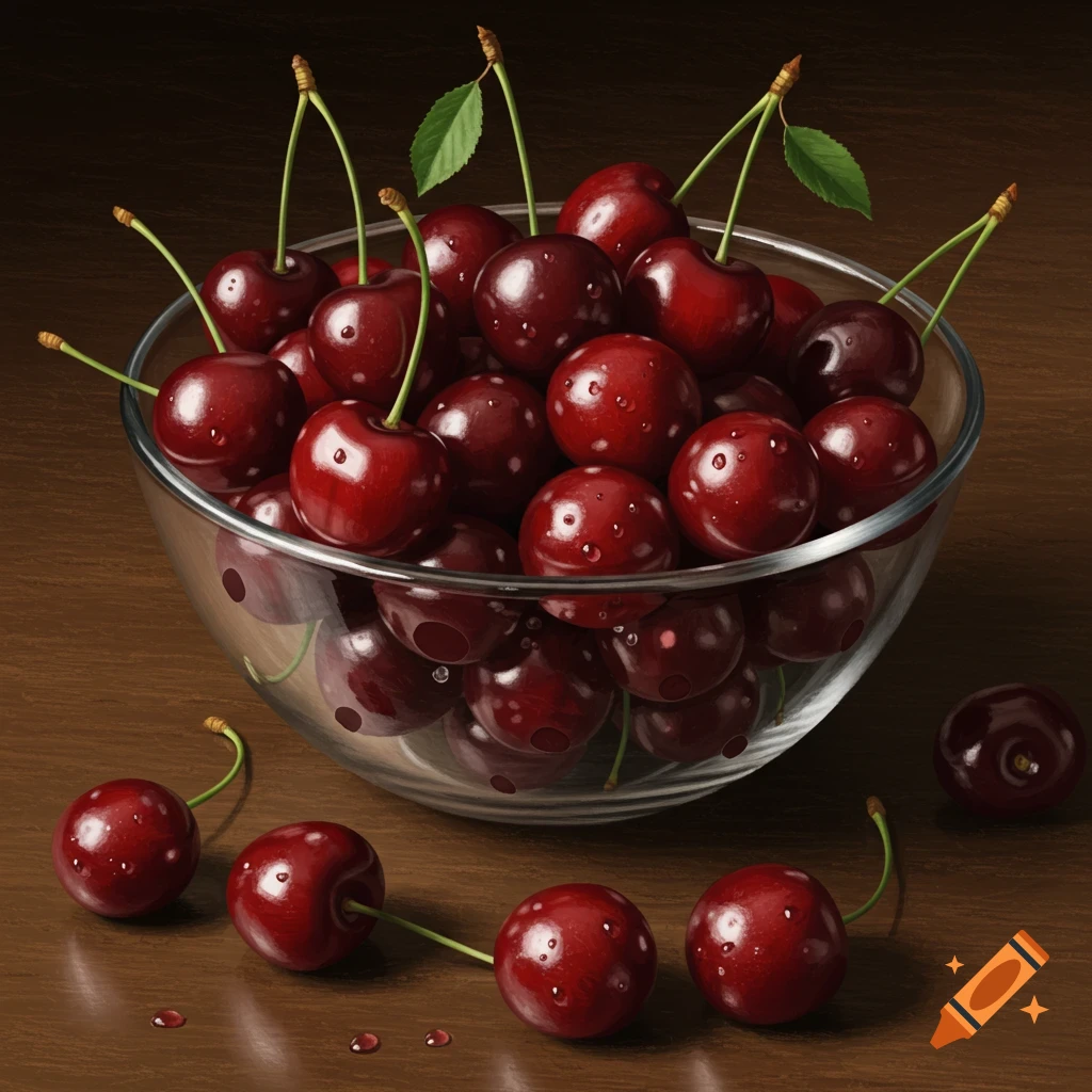 A glass bowl filled with cherries sits on a wooden table, with scattered cherries and water droplets around it.