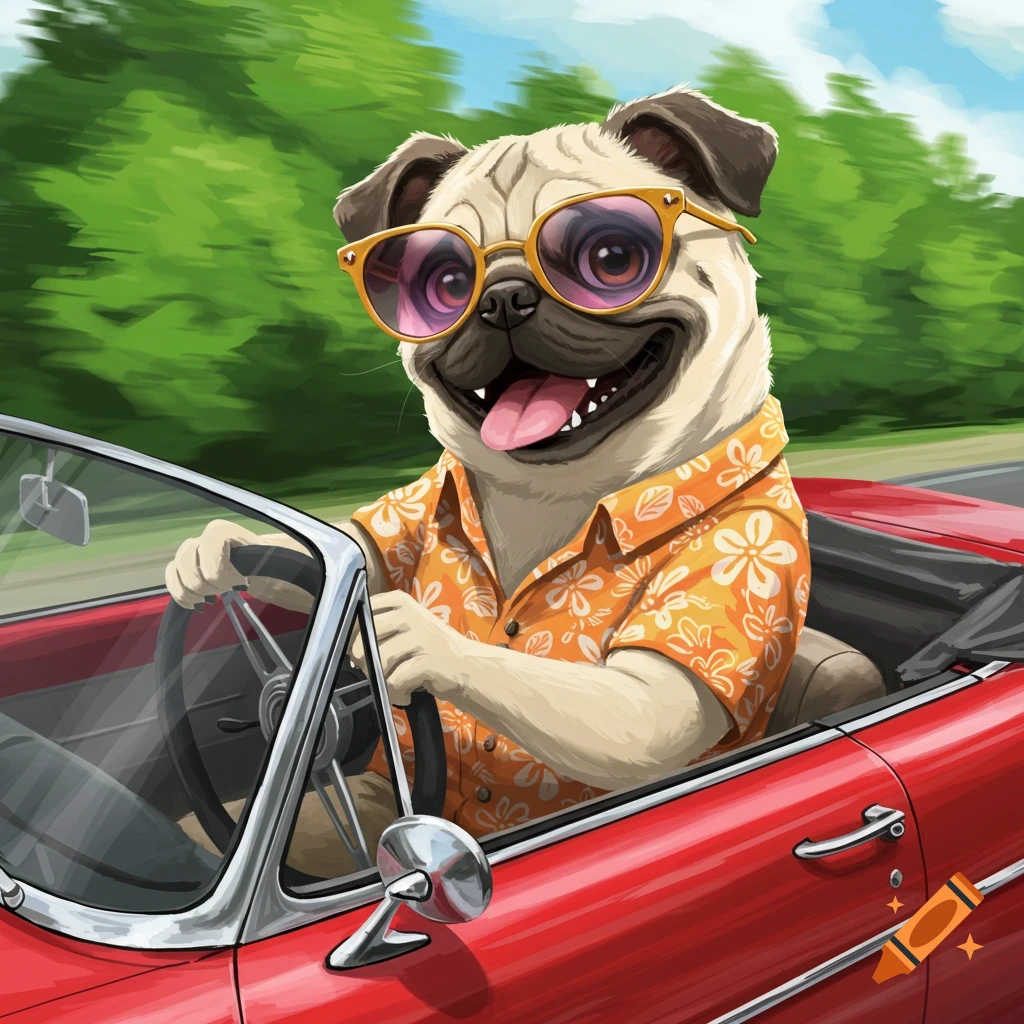 An anthropomorphic pug wearing sunglasses and a Hawaiian shirt driving a red convertible.