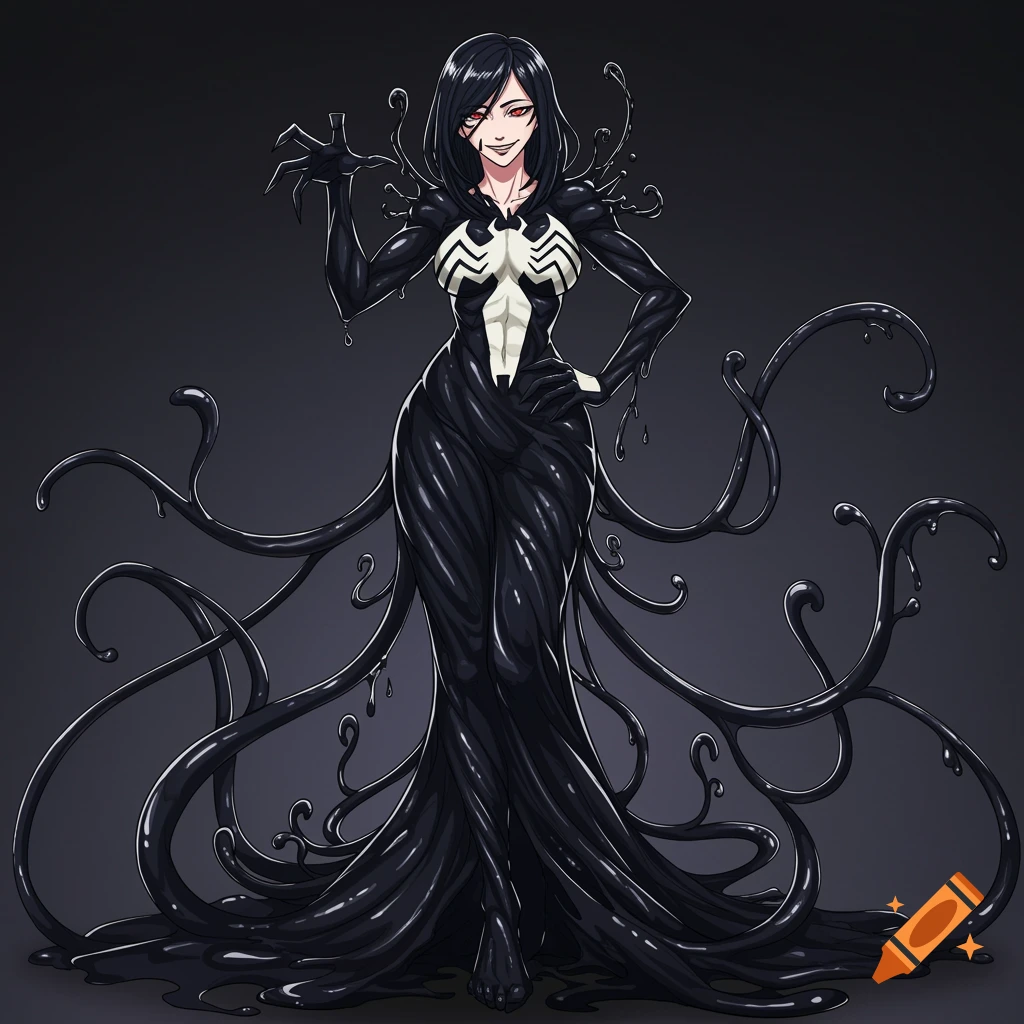 An anime woman wearing a glossy black Venom symbiote dress with tendrils and a smug expression.