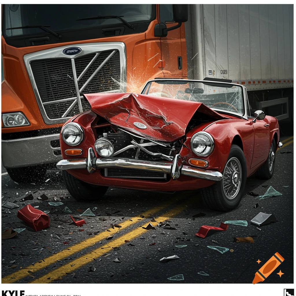 A red convertible sports car crashed head-on into an orange semi-truck on a road, with debris scattered.