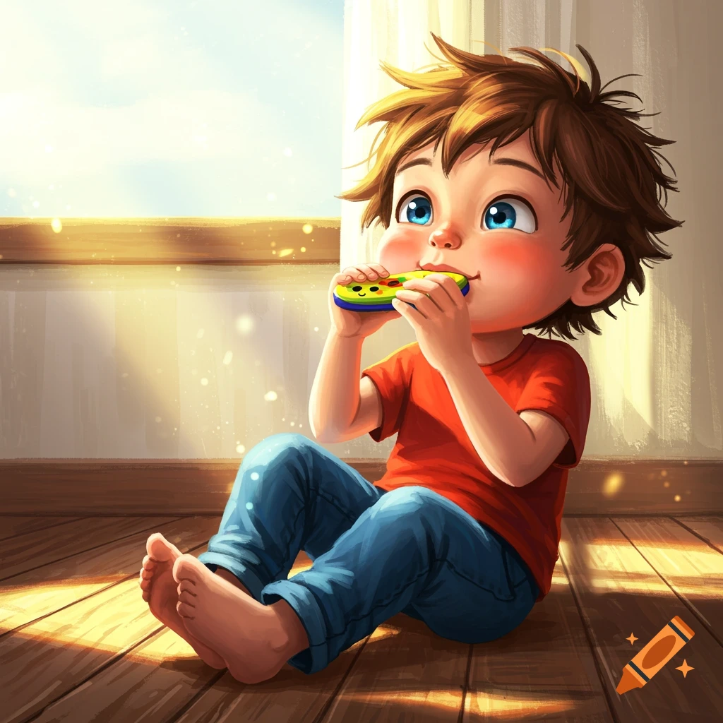 Cartoon child with blue eyes playing a kazoo while sitting on a wooden floor in a sunny room.