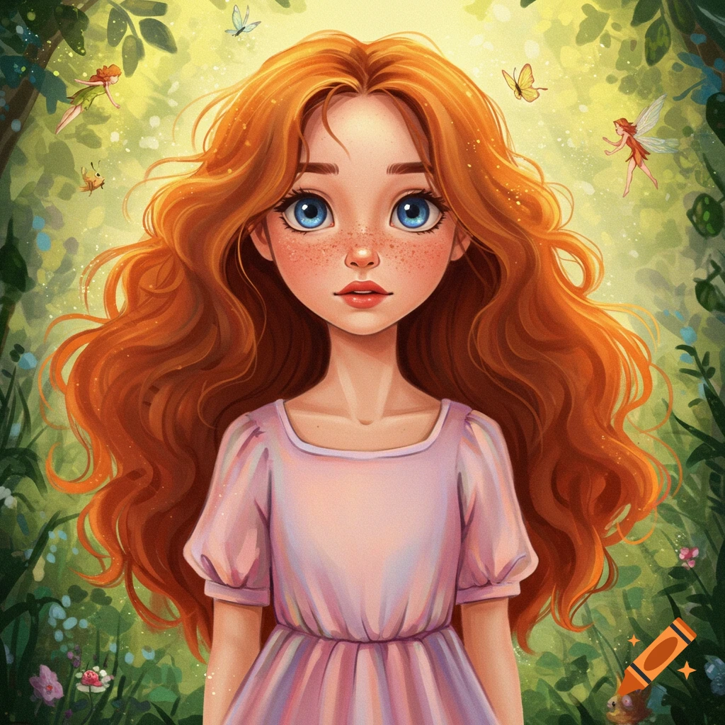 A young girl with orange hair and blue eyes in a fantasy forest.