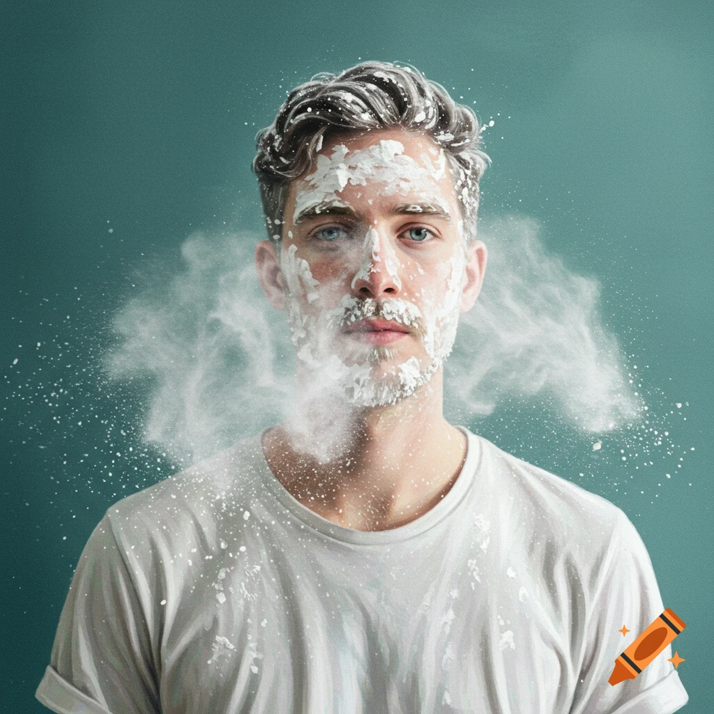Photorealistic portrait of a man covered in white powder puffing around his head.
