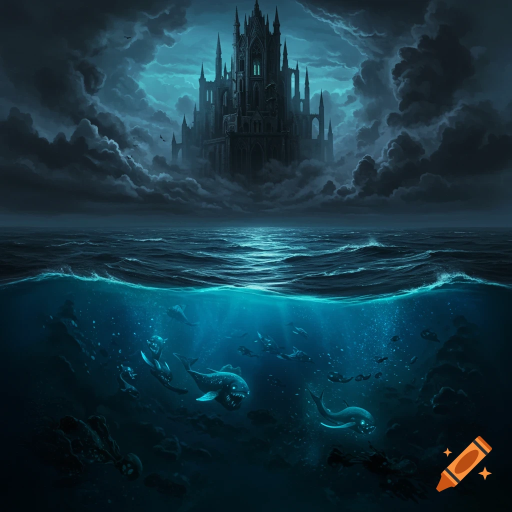 A dark gothic castle is positioned above a stormy ocean, with monstrous fish visible beneath the surface.