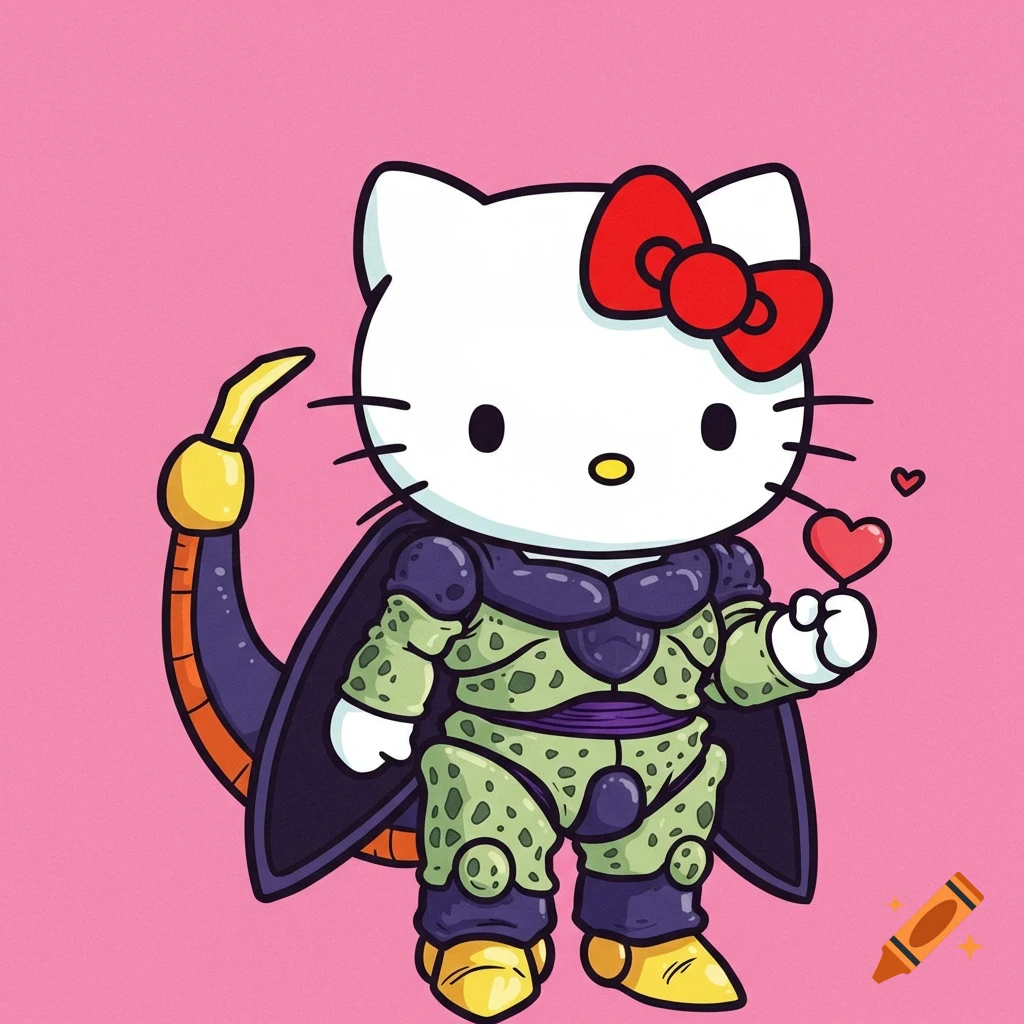 Cartoon illustration of Hello Kitty dressed as Cell from Dragon Ball Z, holding a heart.