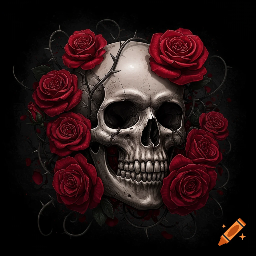 A detailed gothic skull surrounded by red roses and thorny vines on a dark background.