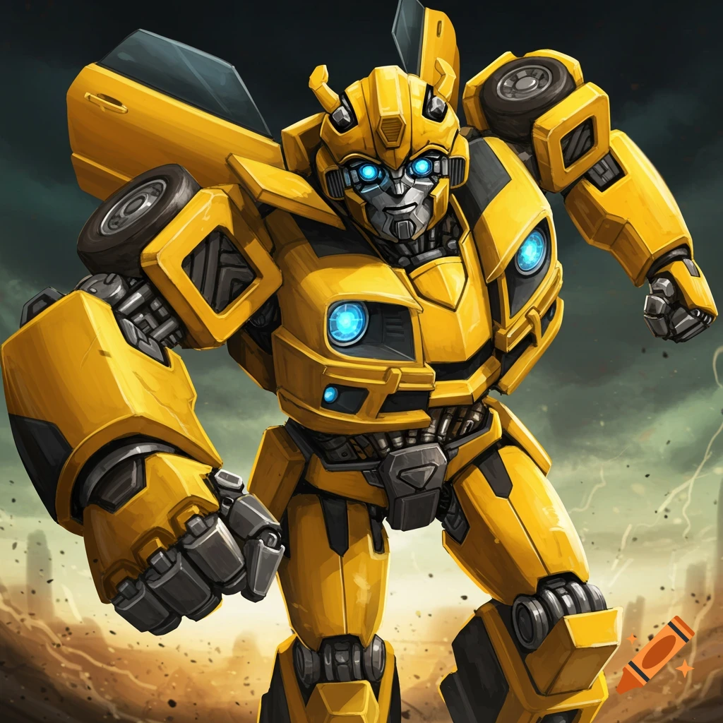 A dynamic pose of the yellow Transformers robot Bumblebee.