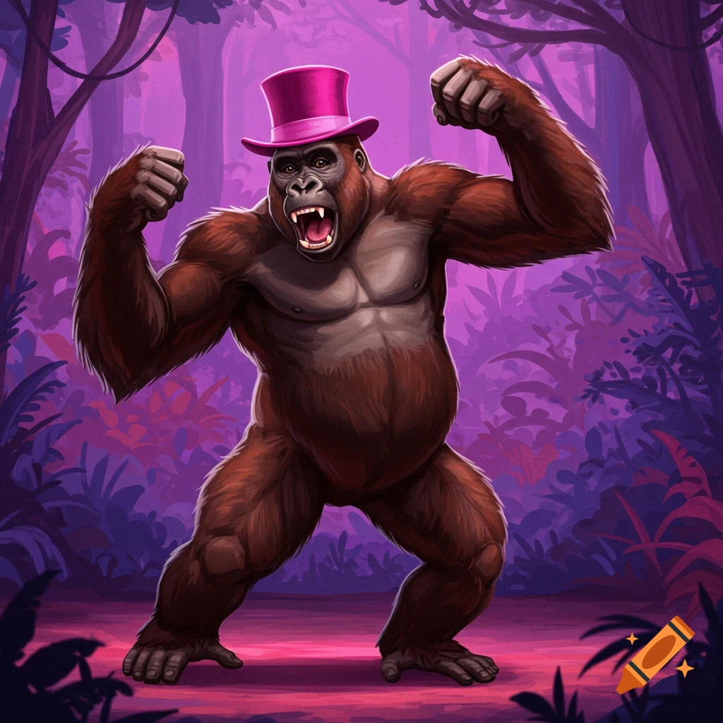 A gorilla wearing a pink top hat is standing with fists raised in a jungle.