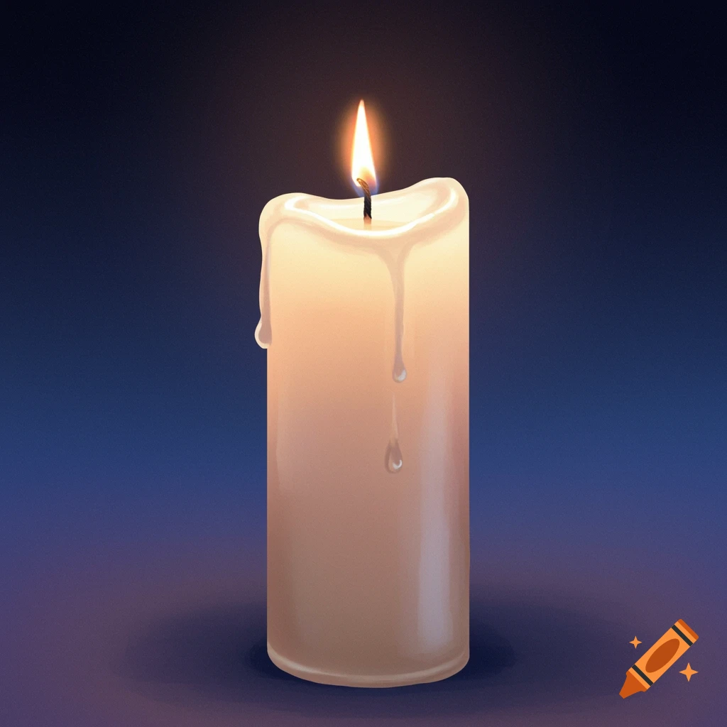 A lit candle with melting wax on a blue and purple gradient background, digital art.
