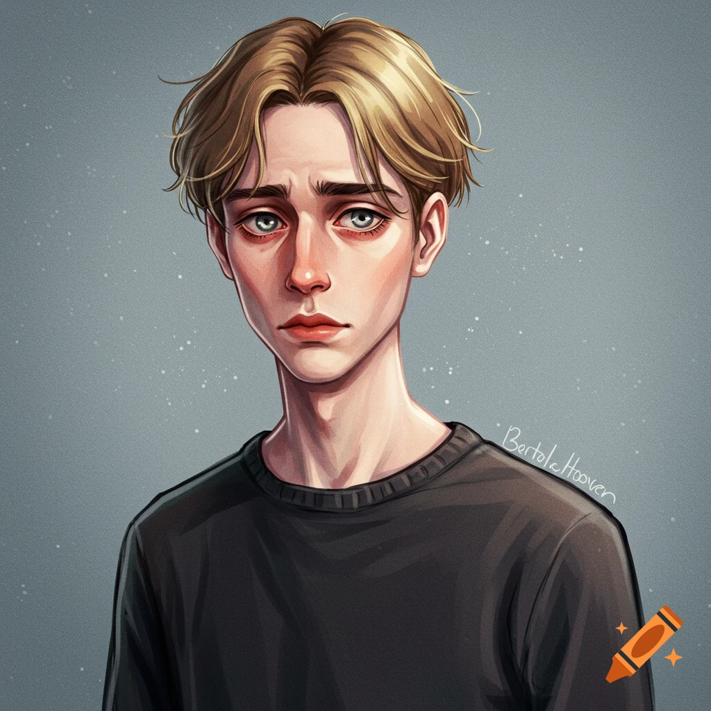 A young man with blonde hair looking sad.