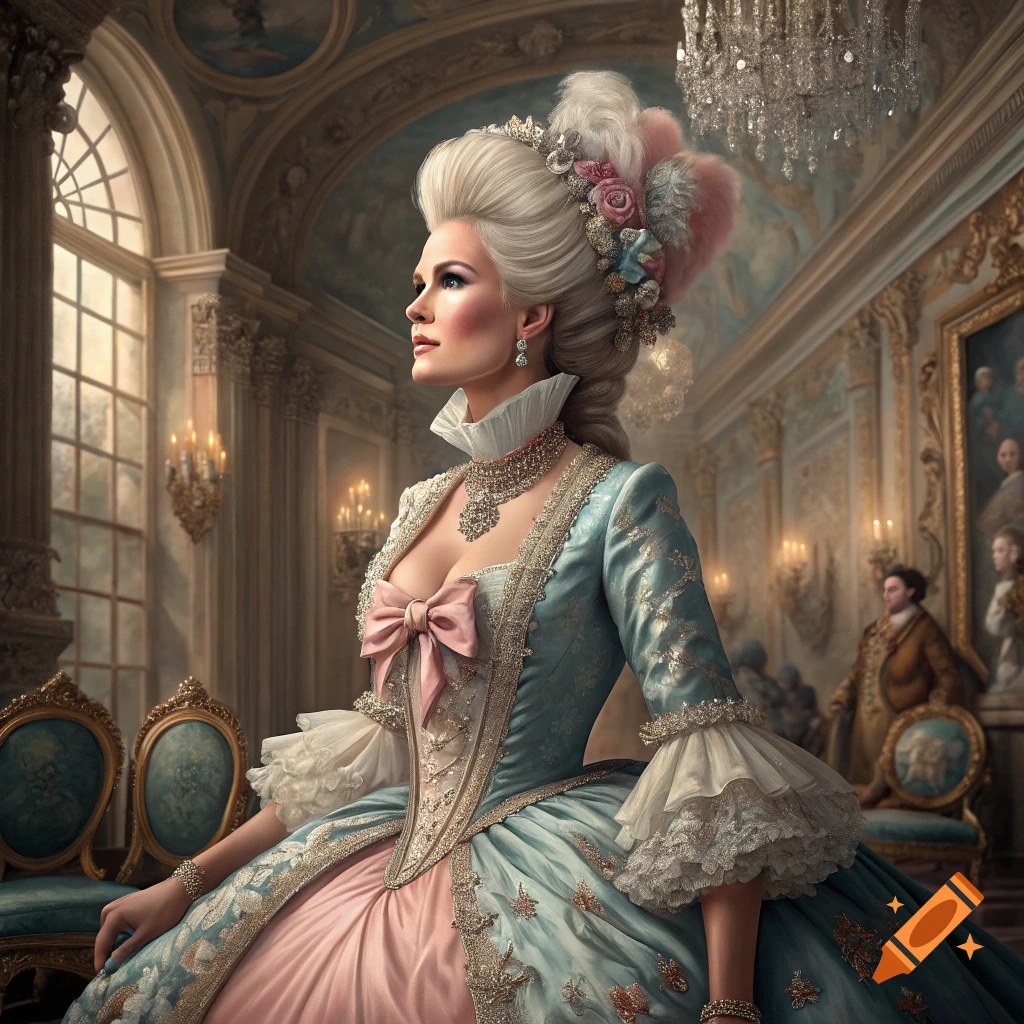 Portrait of a woman in an elaborate 18th-century gown and powdered wig in an opulent Rococo interior.