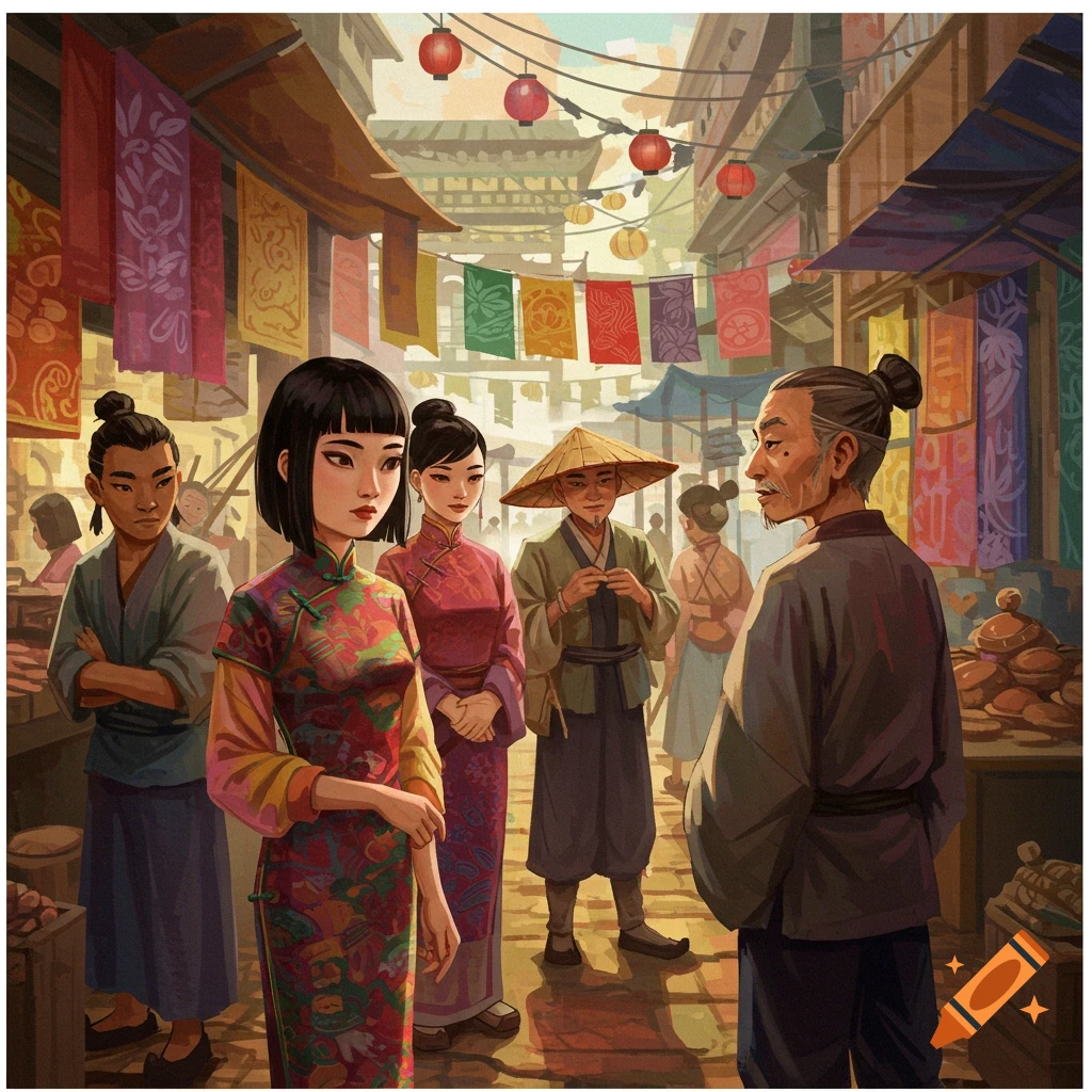 A vibrant scene of people in a bustling Asian marketplace, adorned with lanterns and banners.