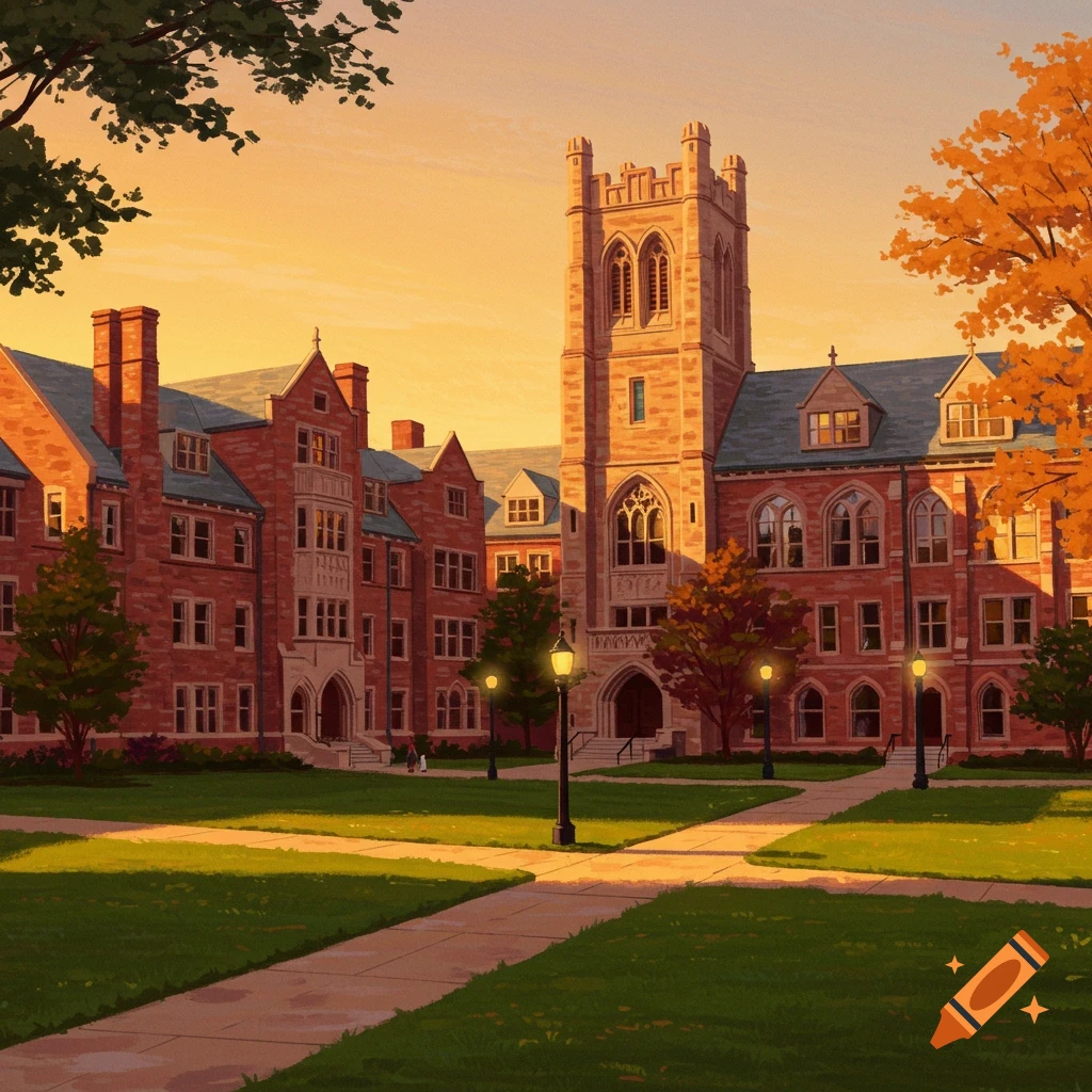 Red brick college buildings featuring a prominent tower, surrounded by a lawn and trees under a sunset sky.