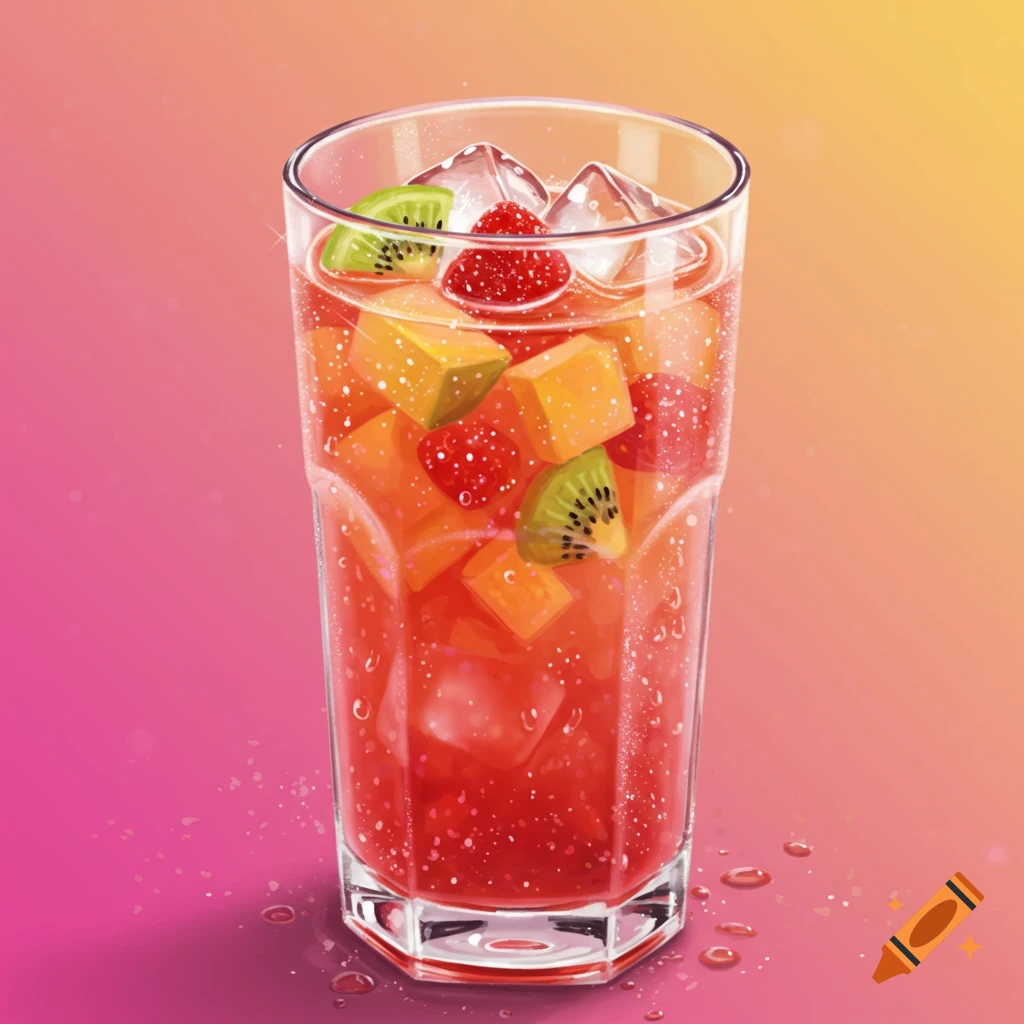 a glass of fruit punch with ice, fruit, and edible glitter.