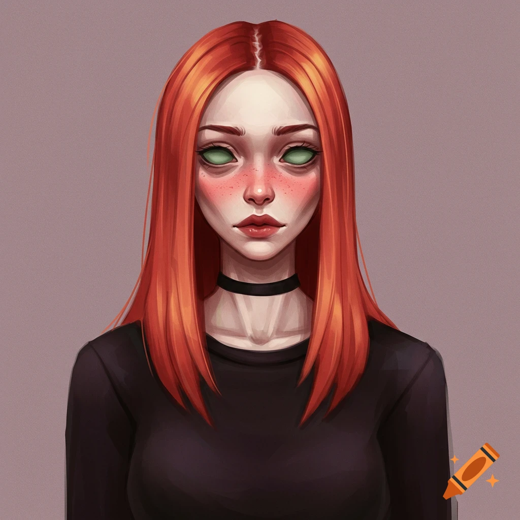 Portrait of a woman with red hair, pale skin, green eyes, and a choker.