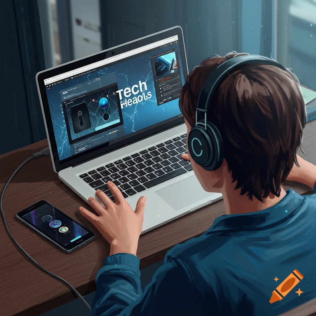 A person with headphones is using a laptop and a smartphone.