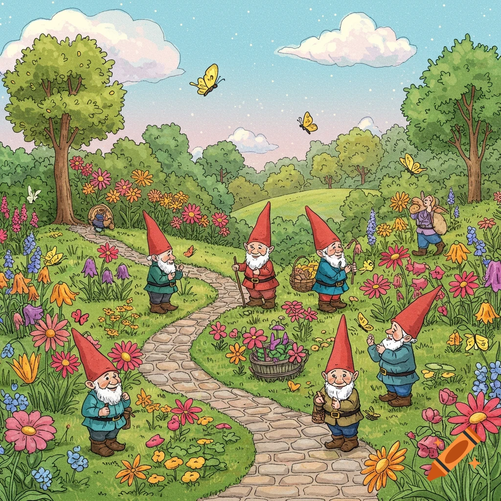A drawing of gnomes in a colorful garden with a winding path and butterflies.