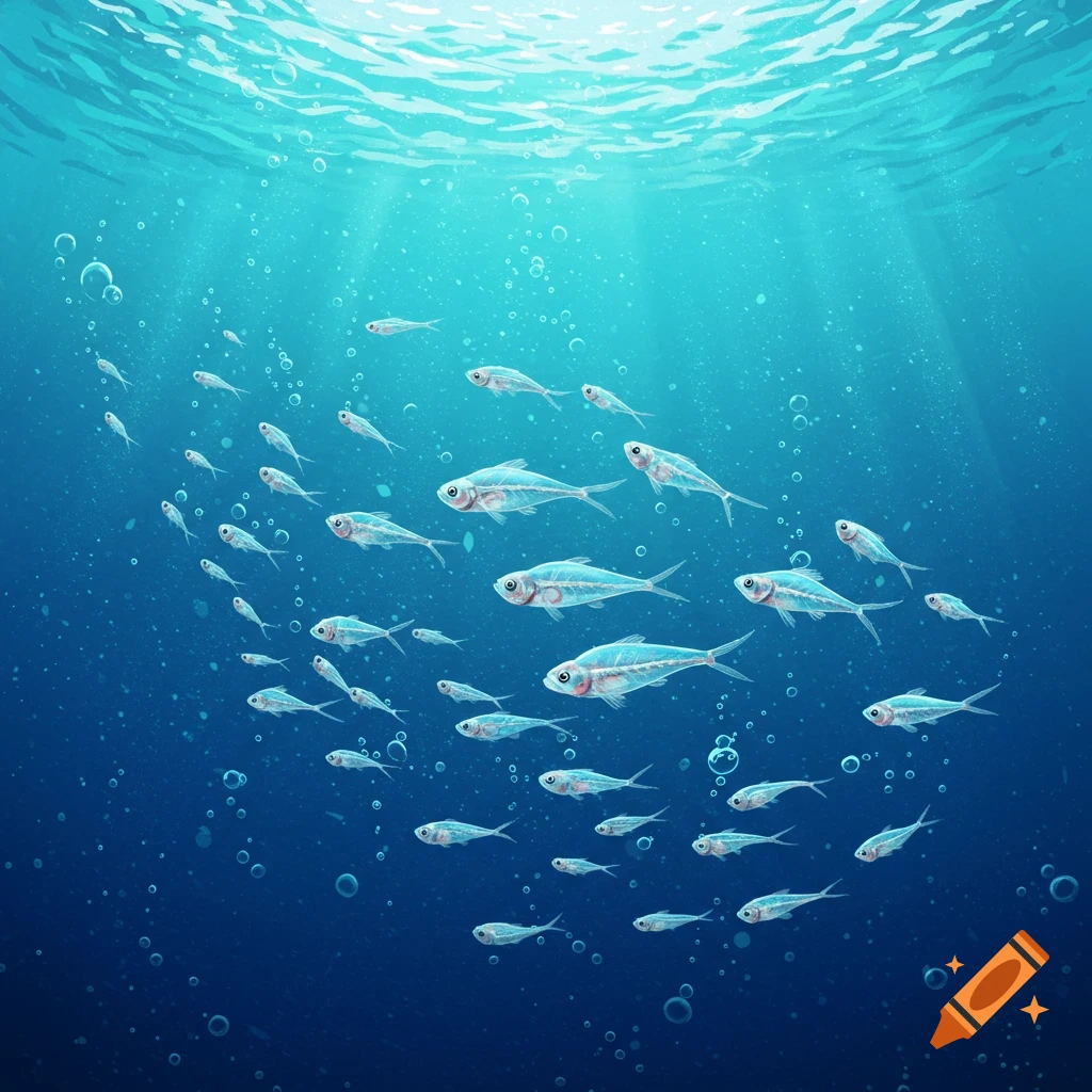 A school of transparent fish swim in blue water with sunlight filtering from above.