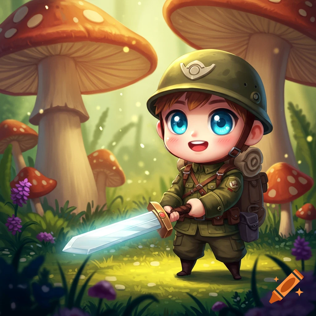 A cute chibi-style soldier stands in a mushroom forest, holding a glowing sword.