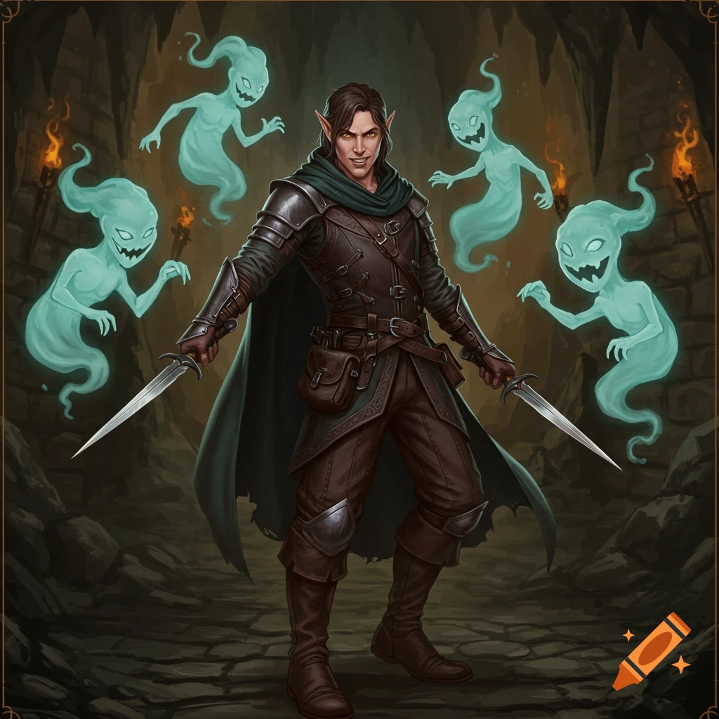 A male rogue with daggers stands in a cave surrounded by four summoning spirits.