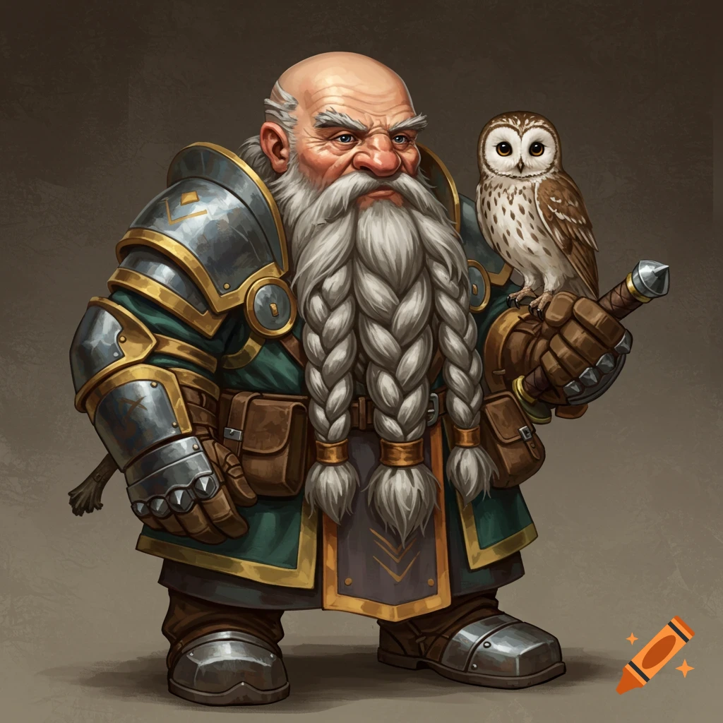 A fantasy dwarf with a long beard, armor, holding a staff with an owl.