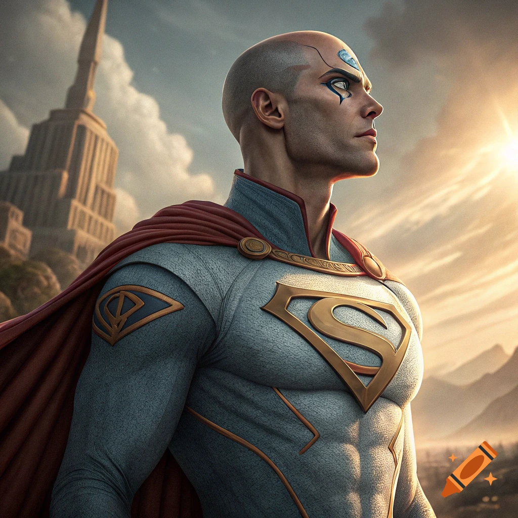 Bald man in superhero suit and red cape looking towards the sun with a large building in the background.