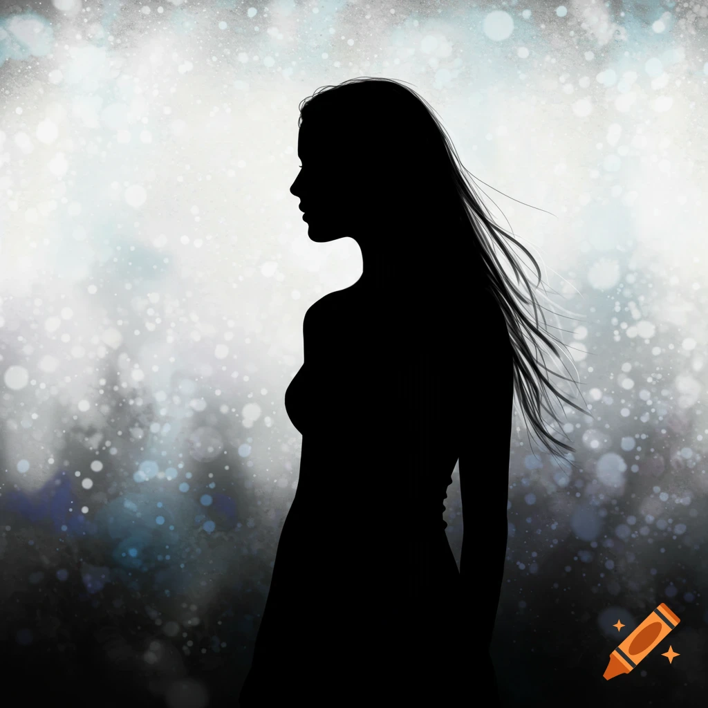 Silhouette of a woman in profile against a bokeh background.