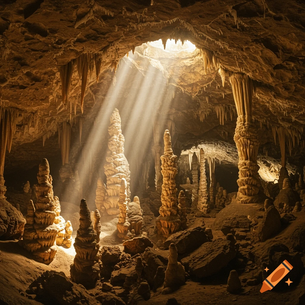 Sunbeams illuminate a large cave filled with stalactites and stalagmites.