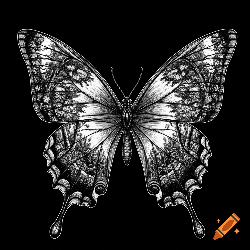 Black and white illustration of a butterfly with forest patterns on its wings.