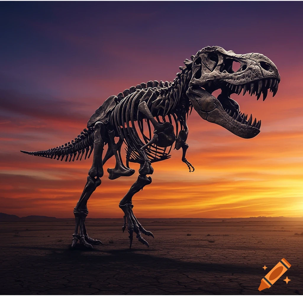 A dinosaur skeleton in a desert at sunset.