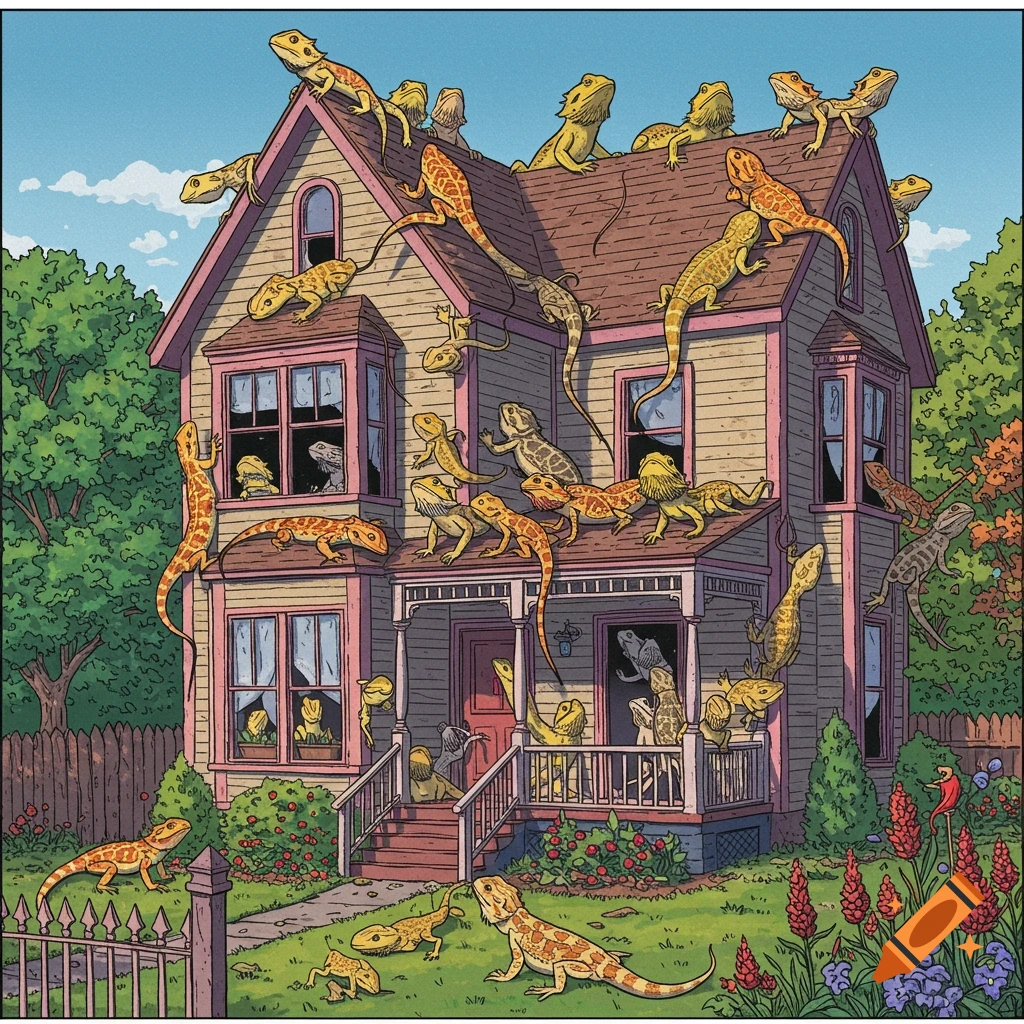 A whimsical image of a house completely covered in dozens of bearded dragons climbing on the walls, roof, porch, and lawn.