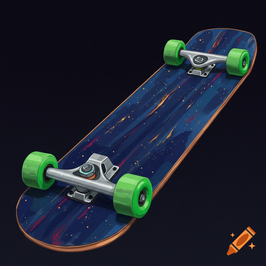A skateboard with a dark blue deck featuring starry and streaky patterns.