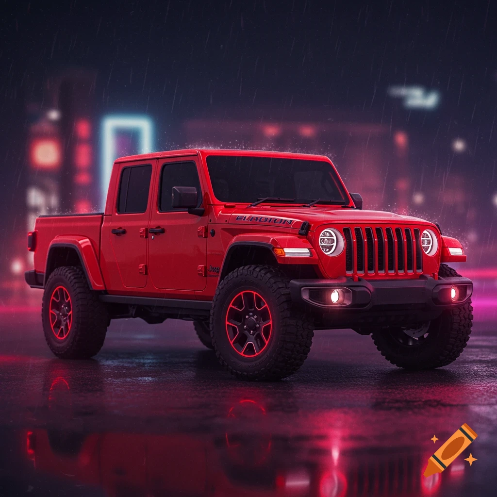 Red Jeep Gladiator truck in a rainy city street at night.