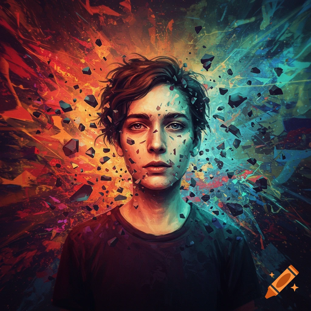 A person's face shattering into pieces against a vibrant, colorful abstract background.