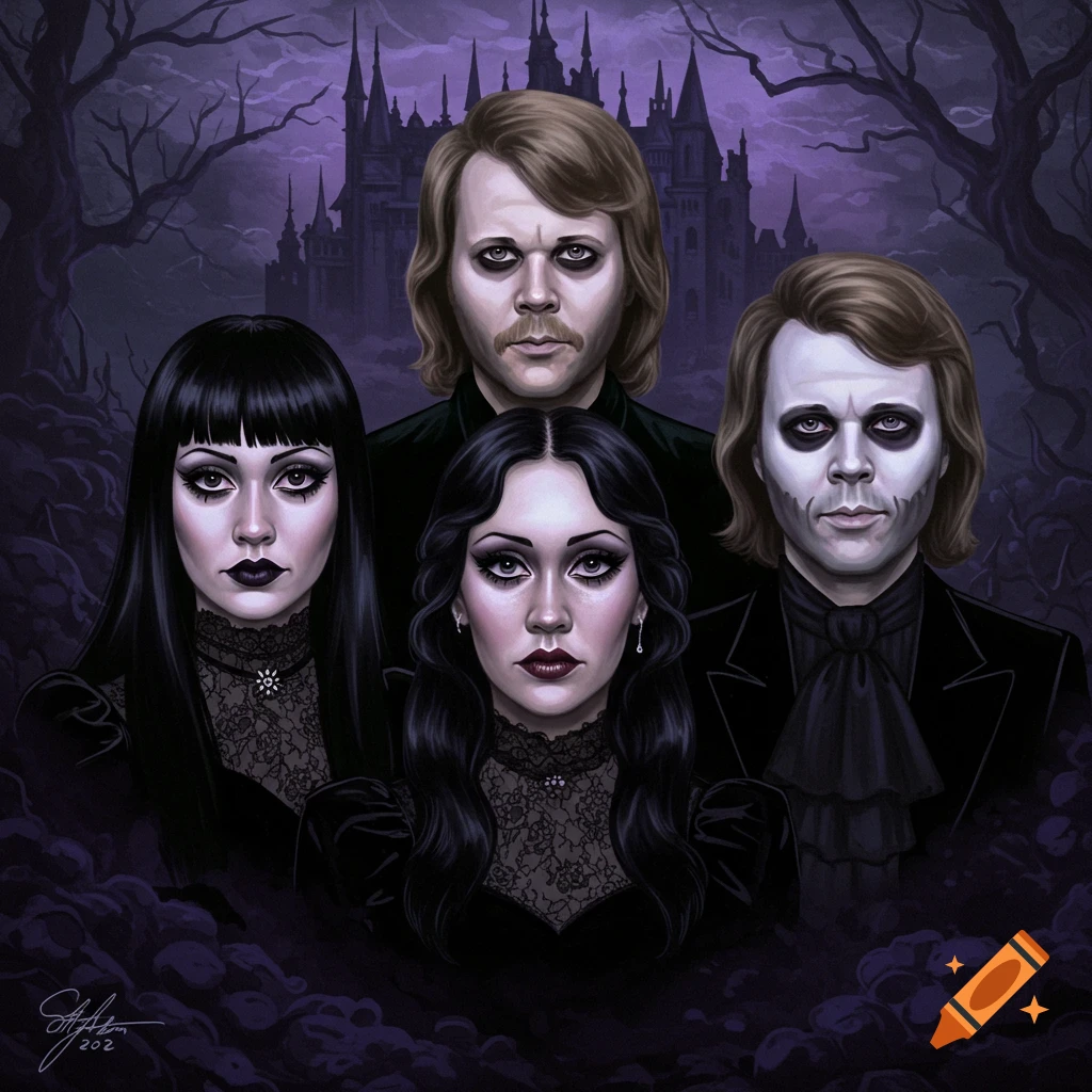 four people in gothic makeup and clothing standing before a dark castle