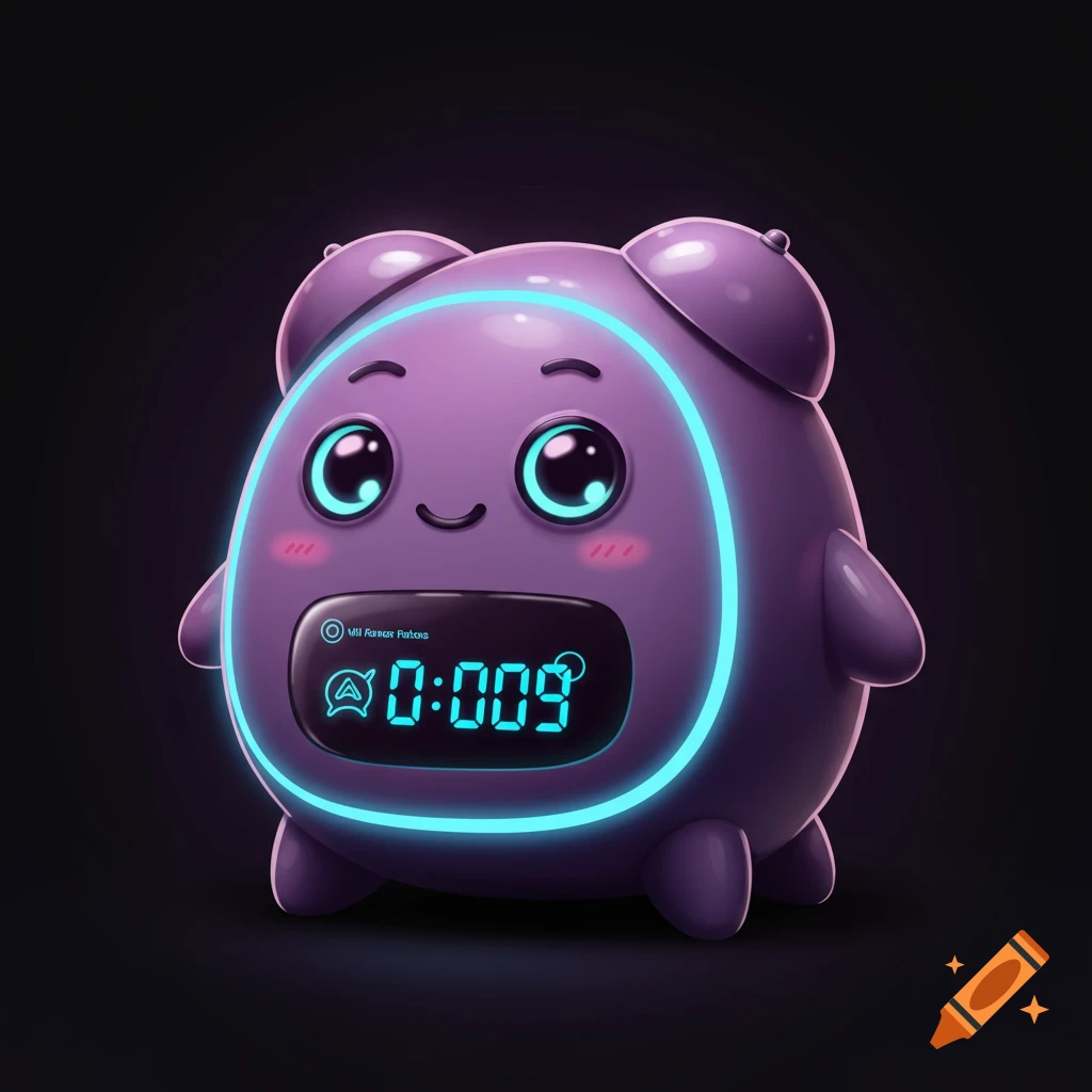 Cute purple alarm clock character with glowing blue ring, digital art