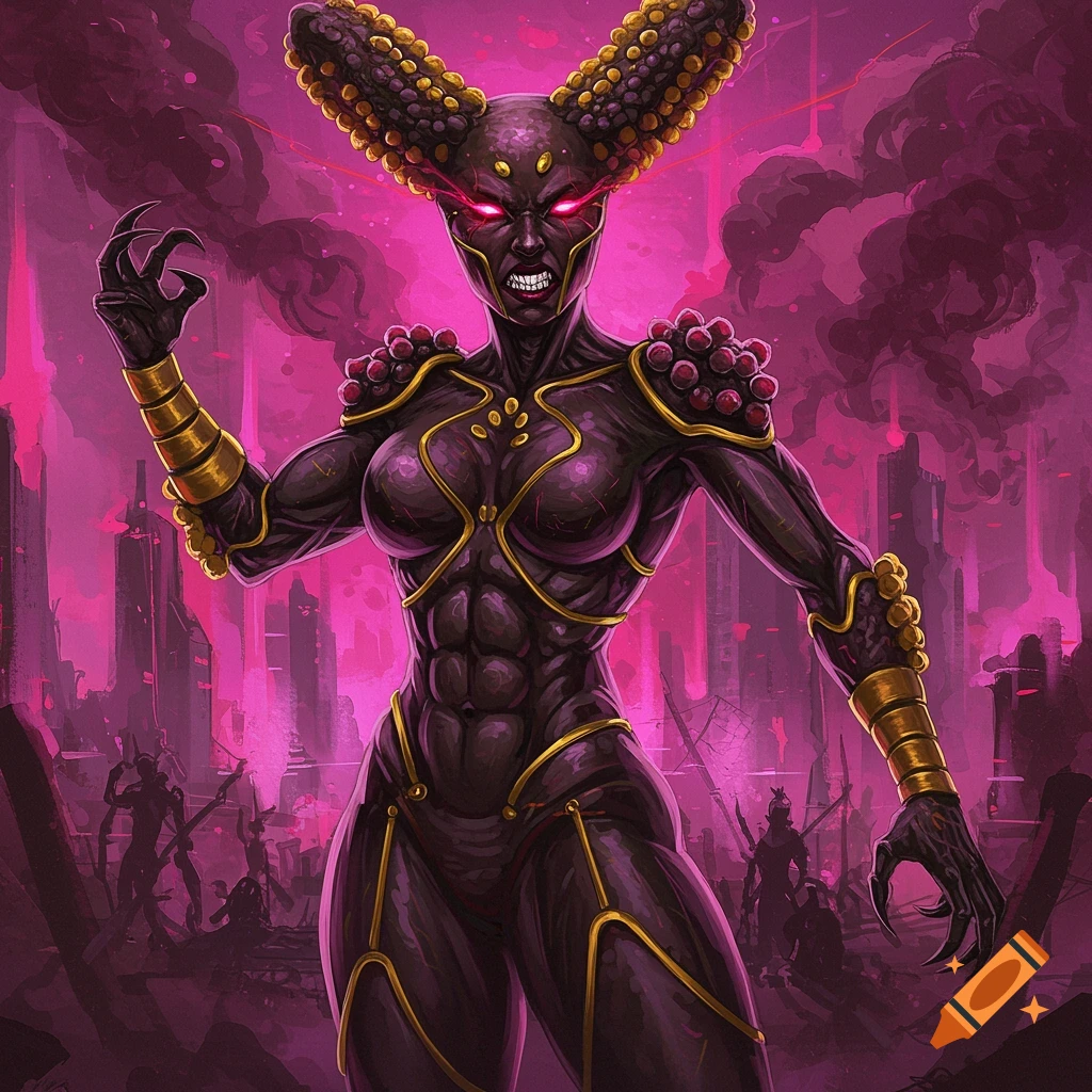 A fierce muscular villain with corn-like horns and glowing red eyes stands over a ruined cityscape.