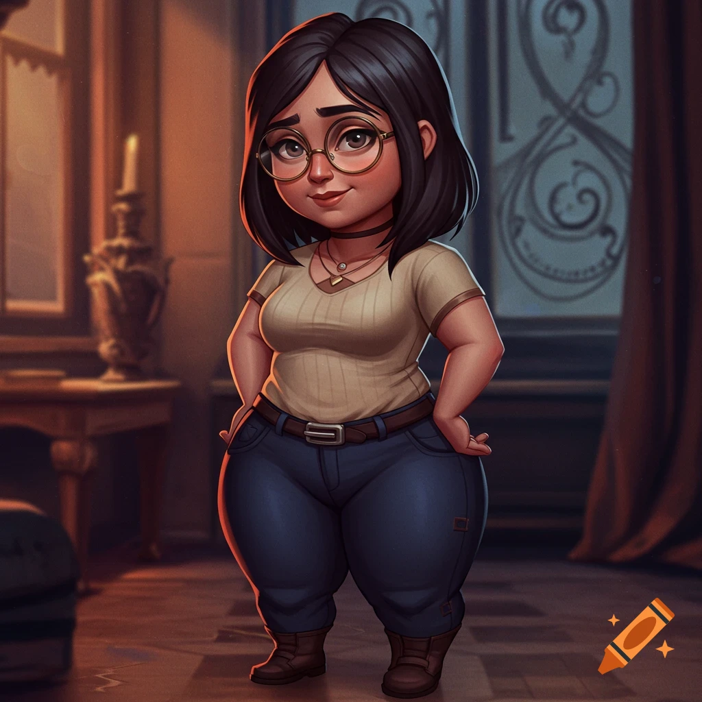 A stylized cartoon woman with glasses and dark hair, standing in a room, with a curvaceous figure.