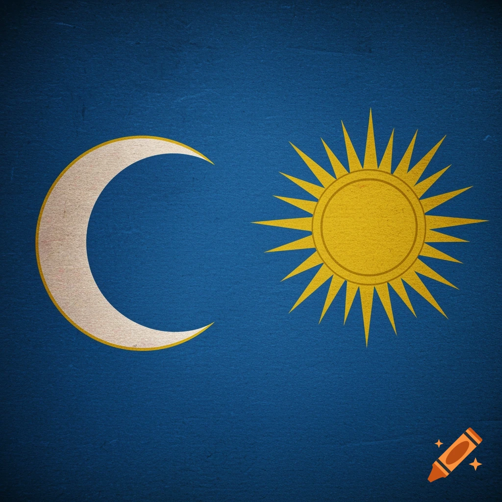 A stylized white crescent moon and golden sun with rays on a textured royal blue background.