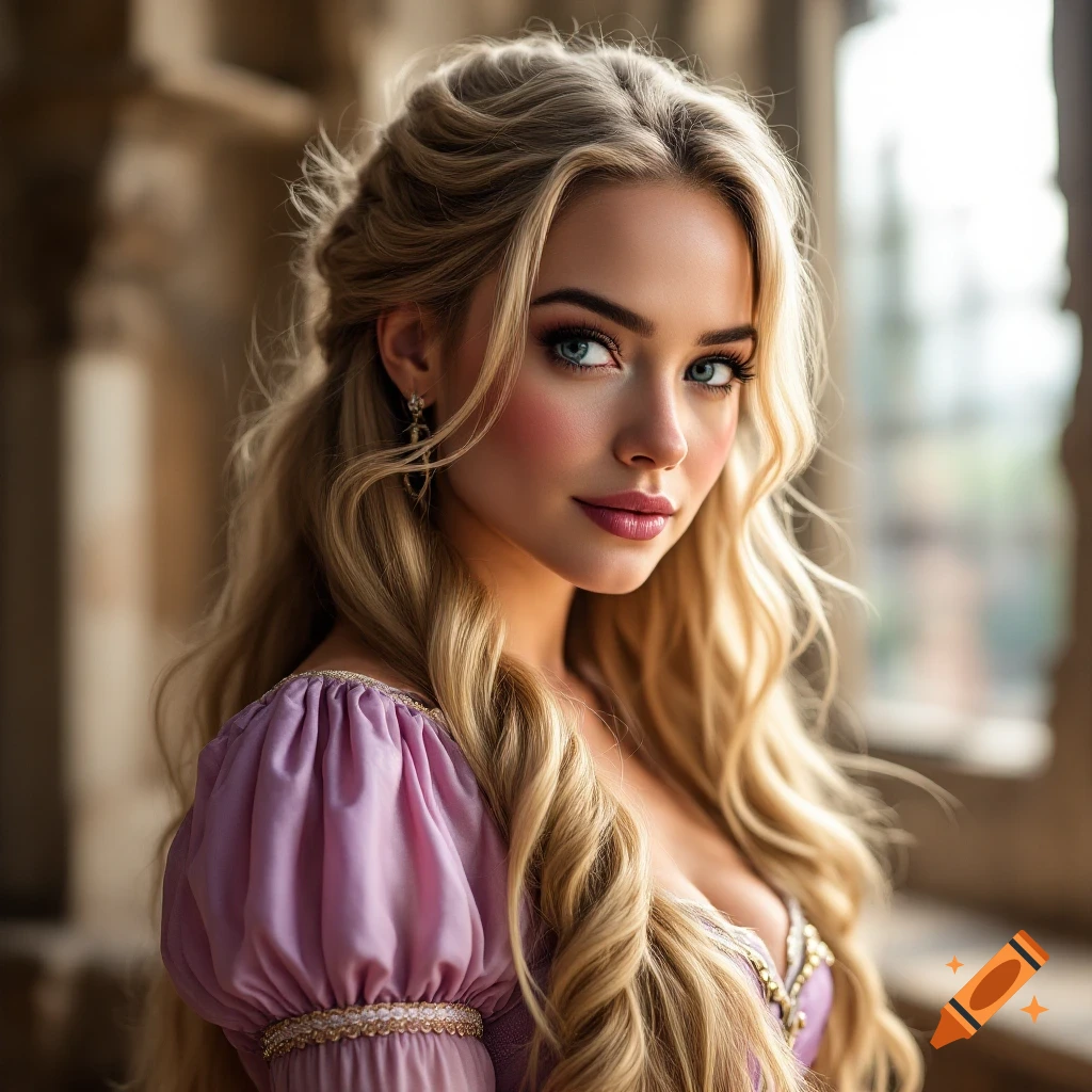 A photorealistic portrait of a woman with long blonde hair and blue eyes, wearing a purple fantasy dress.