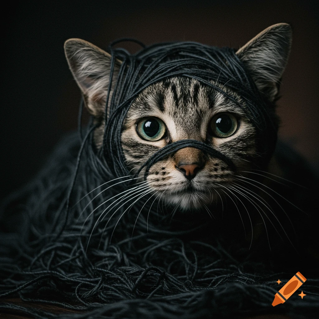 Close-up portrait of a tabby cat tangled in black yarn.