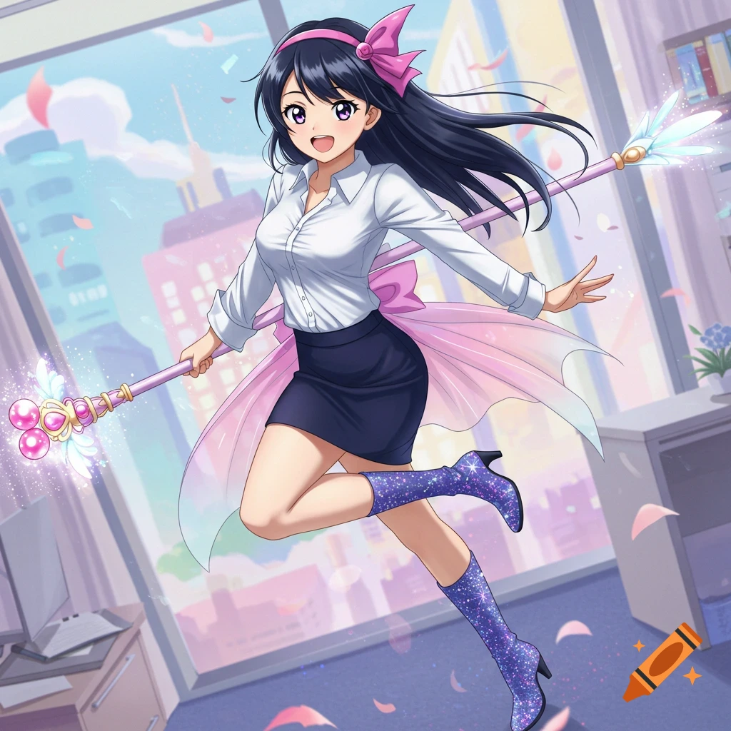 Anime office lady dressed as a magical girl floats in an office holding a glowing staff.