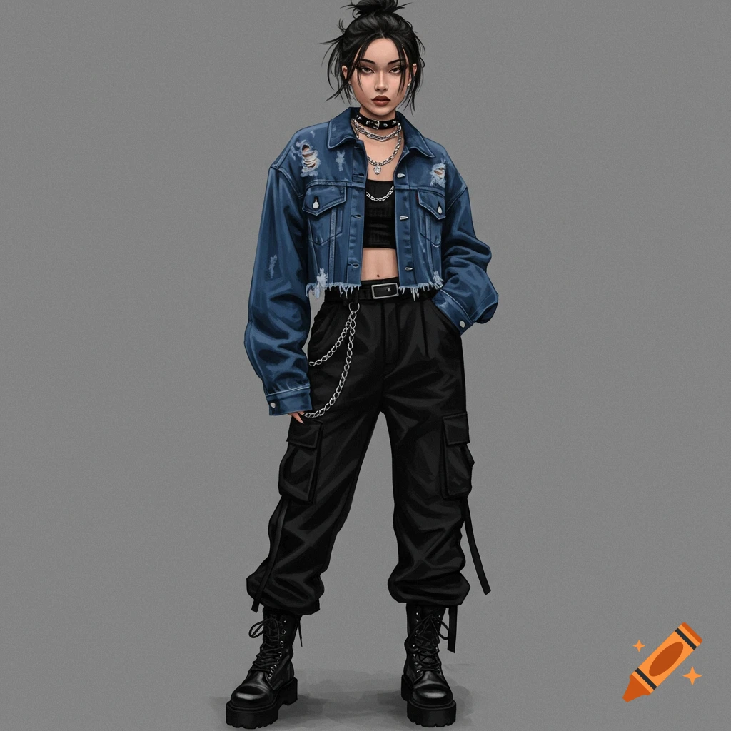 A woman is wearing a denim jacket, black crop top, black cargo pants, and boots.