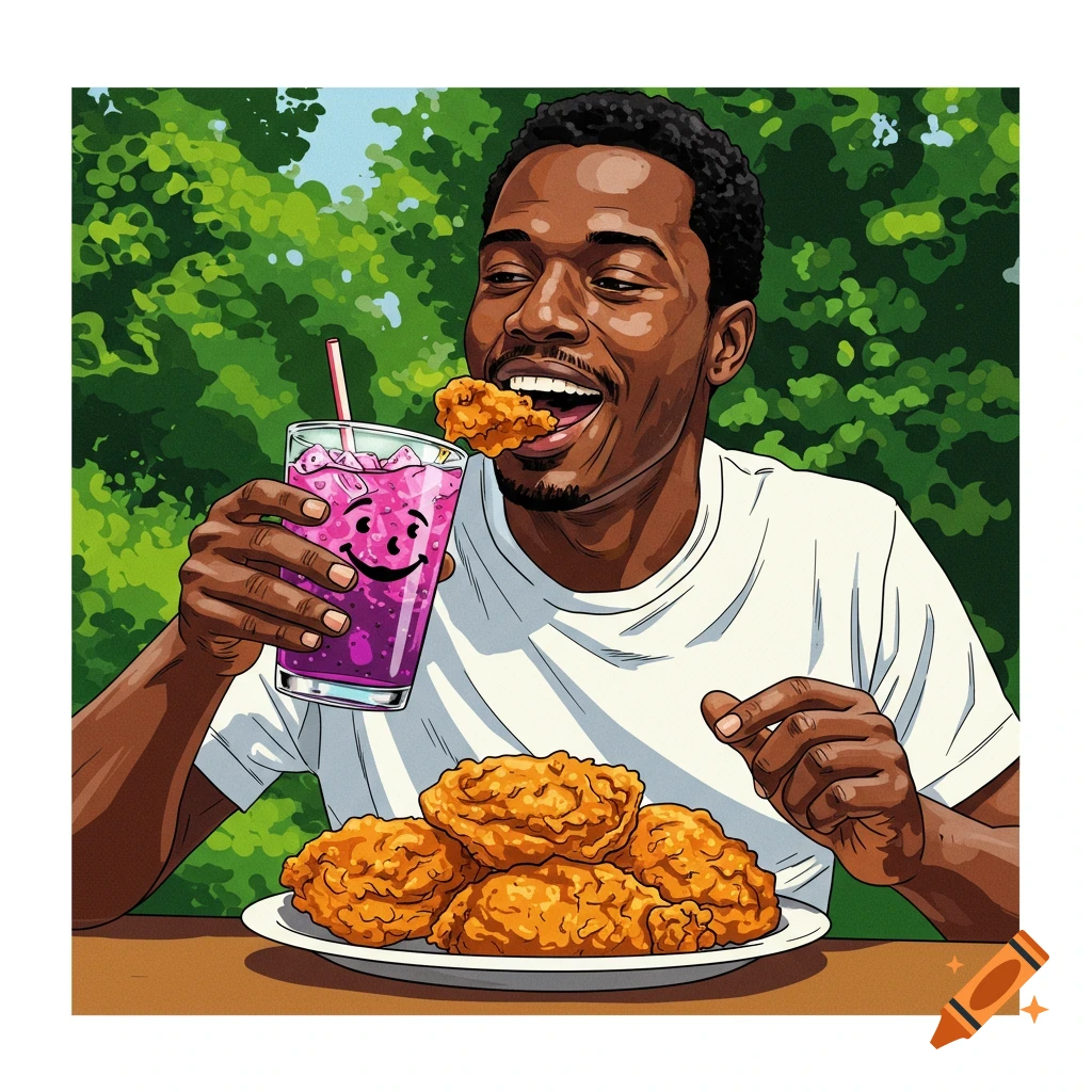 A man is shown eating fried chicken and drinking a purple beverage outdoors.